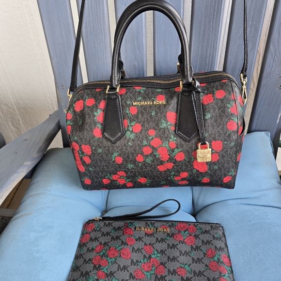 Michael Kors Black and Red Floral Satchel - Picture 2 of 15